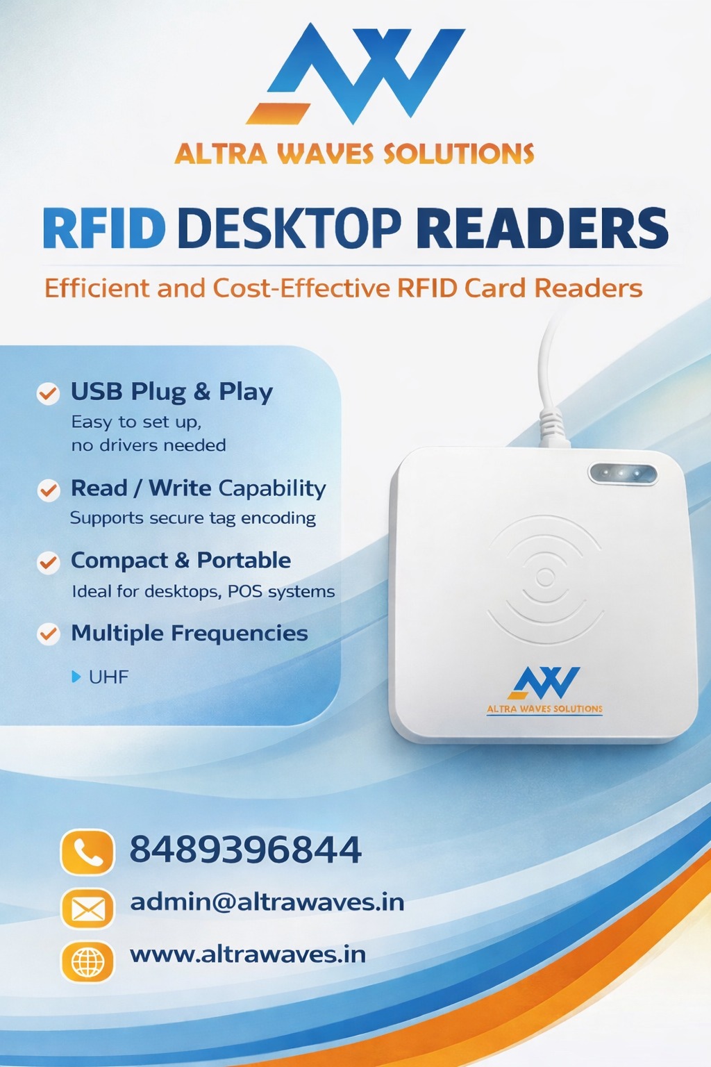 RFID USB desktop reader connected to computer for scanning RFID cards and tags